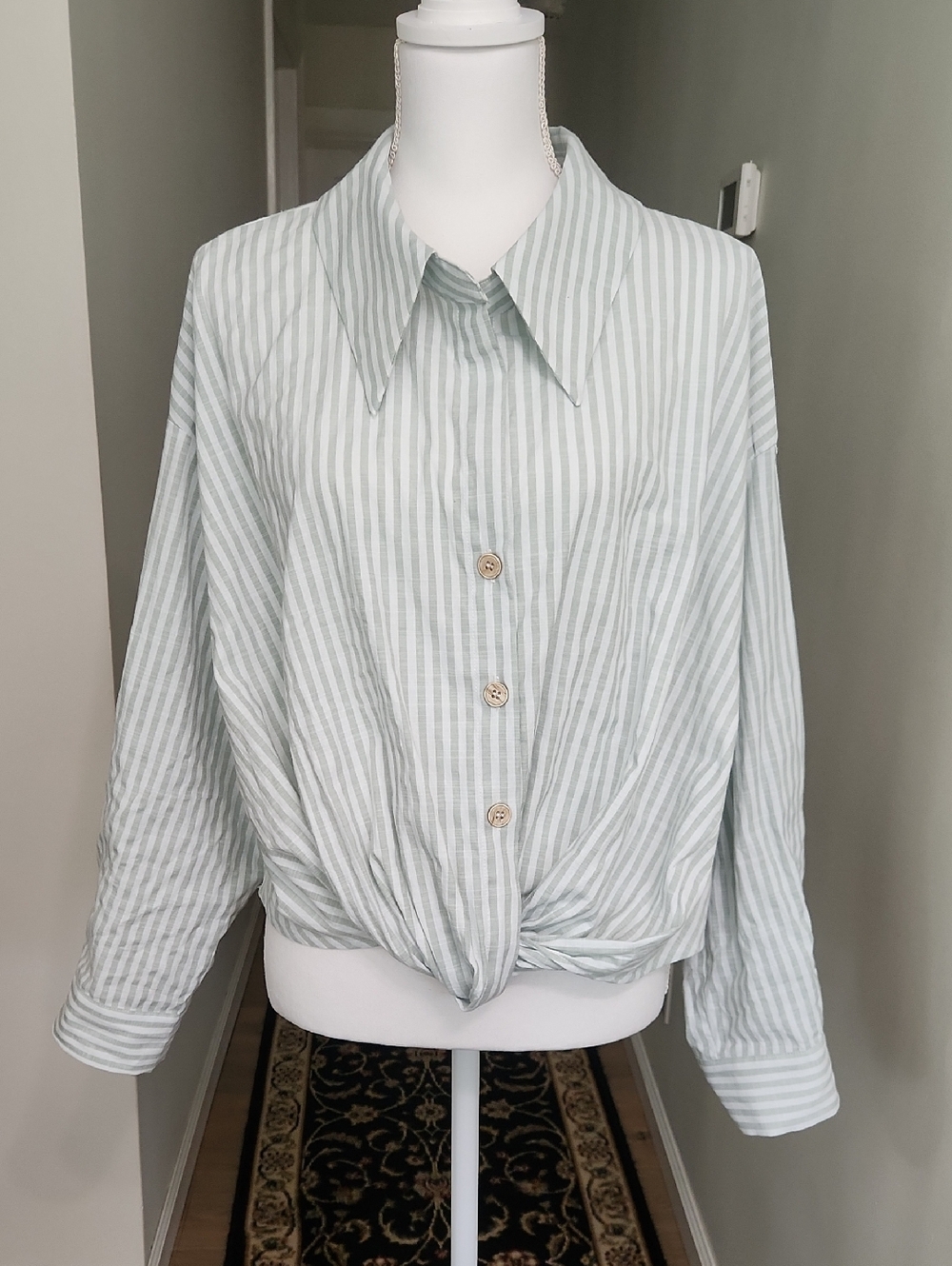 Cider Striped Crossover Twist Front Shirt 1X Cotton Button Up Sage Green White